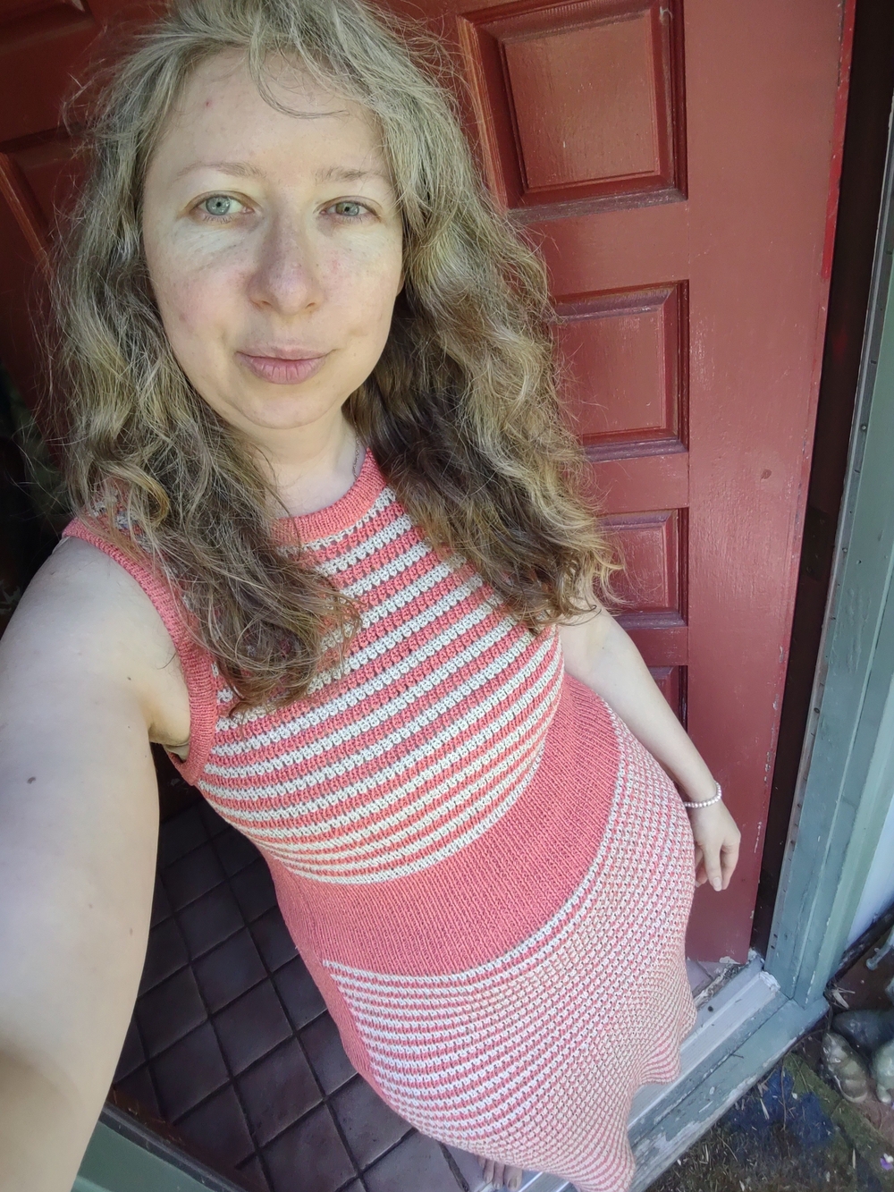 Coral and Cream Striped Knit Midi Dress